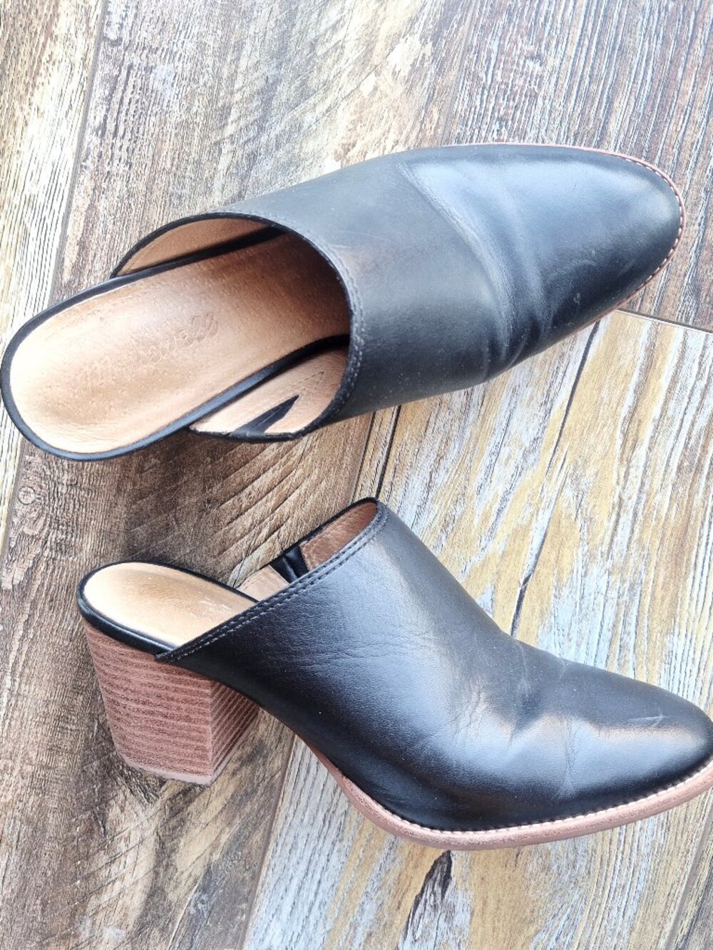 Madewell Harper Black Leather Mules 3" Stacked Heels Cushioned Style #J8560